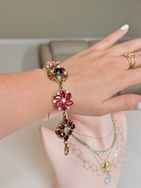 Gold-Tone Pink Gemstone Floral Bracelet